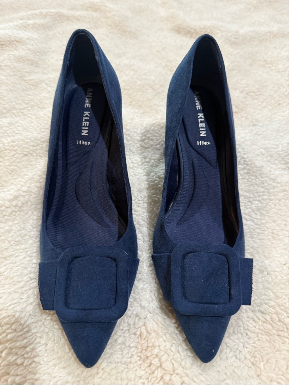 Anne Klein Navy Pointed Suede Pumps with Decorative Buckle